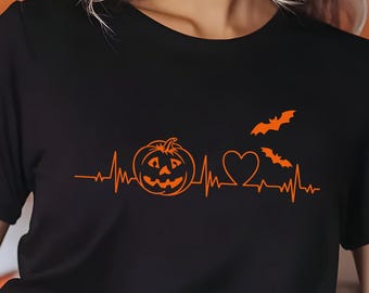 Camiseta de calabaza de Halloween con latidos del corazón, divertida camiseta de regalo de otoño, camiseta gráfica de temporada espeluznante, camiseta para amantes de las calabazas de otoño, camiseta de Acción de Gracias.