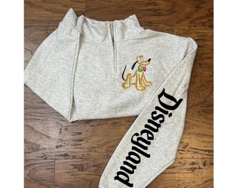 Pluto Embroidered 1/4 Zip Sweatshirt,  Disneyland 1/4 Zip Sweatshirt, Disney Crewneck, Pluto T-shirt, Pluto Embroidered  Sweatshirt