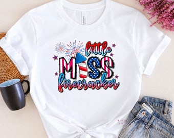 Little Miss Firecracker, Bleached Shirt, 4th of July Shirt, Patriot Shirt, Independence Day Shirt, Women Shirt, Unisex Shirt, Cute Shirt