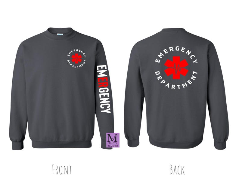 May include: A dark gray sweatshirt with a white and red "Emergency Department" logo on the back and a white "Emergency" word on the left sleeve. The logo features a red star of life.