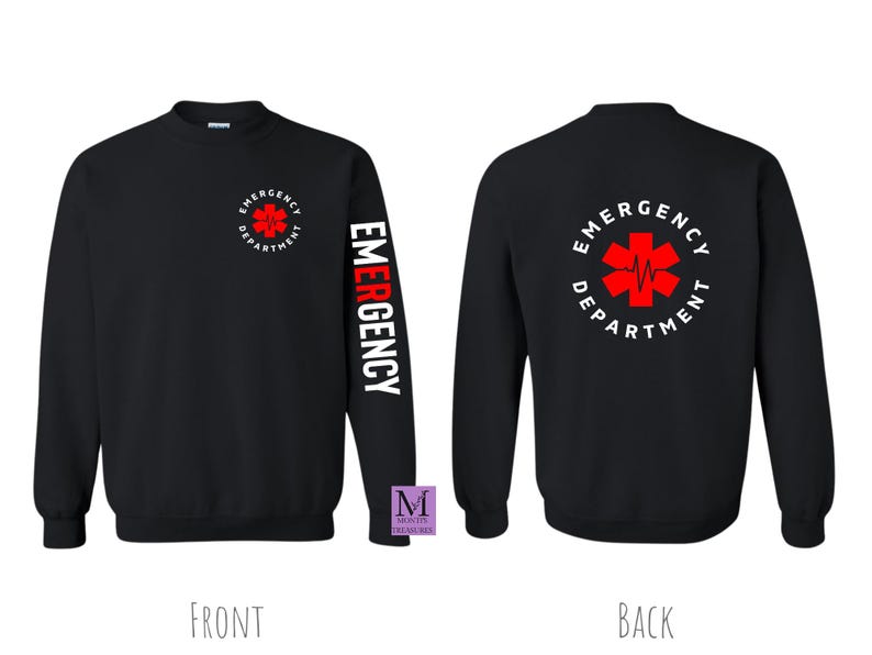 May include: Black long-sleeve sweatshirt with a red and white medical symbol and the text "Emergency Department" on the back. The left sleeve has the word "Emergency" printed vertically in red and white.