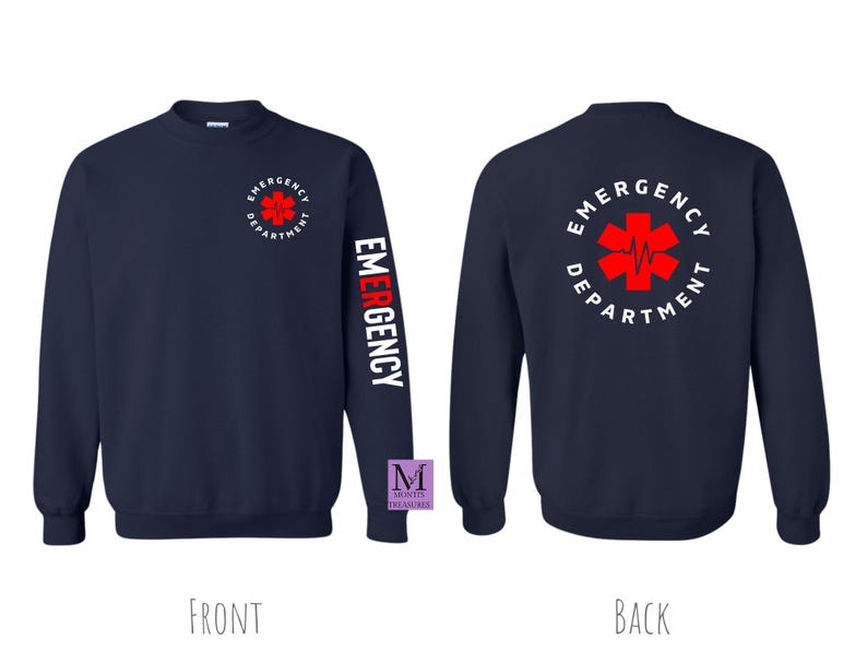 May include: Navy blue long-sleeved sweatshirt with the text "Emergency Department" and a red star of life graphic on the back. The left sleeve has the word "Emergency" printed vertically in white.