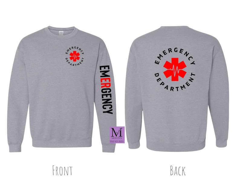 May include: Gray sweatshirt with a red and black star of life graphic on the back and the word "EMERGENCY" printed vertically on the left sleeve. The text on the back reads "EMERGENCY DEPARTMENT".
