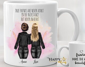May include: White ceramic mug with a design featuring two figures, text that reads "TRUE FRIENDS ARE NEVER APART MAYBE IN DISTANCE BUT NEVER IN HEART", and the names "Anna" and "Lisa". A smaller mug with the text "friends make the world beautiful" is also visible.