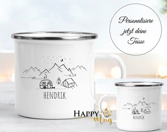 Camper Van Ausflug Reise Emaille Tasse mit personalisiertem Namen, Camper Tasse Geschirr, Personalisierte Tasse Wanderlust, Camping Tasse