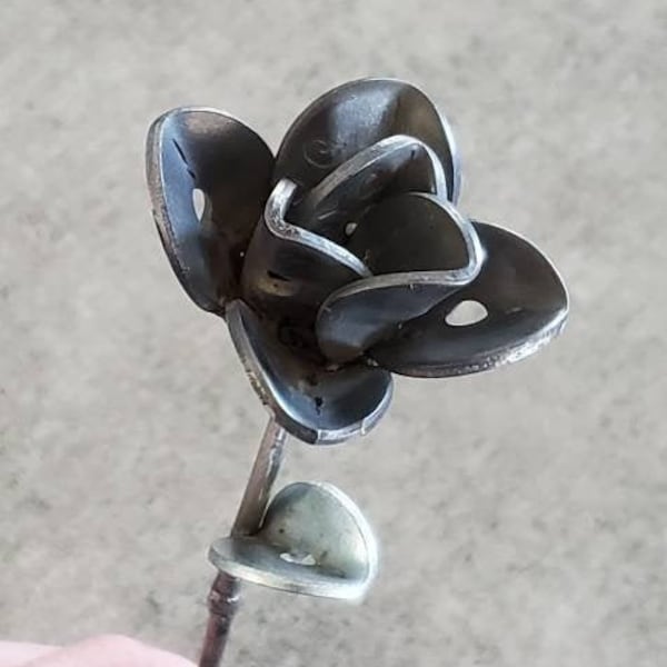 Small metal flower, steel rose welded art sculpture, scrap metal art