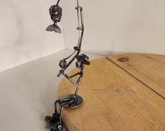 Metal Fishing figurine , Gone Fishing! Handmade welded artwork, scrap metal art