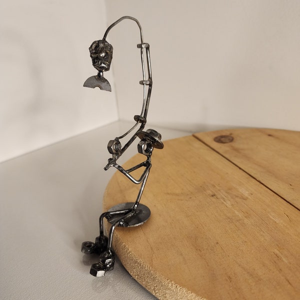 Metal Fishing figurine , Gone Fishing! Handmade welded artwork, scrap metal art