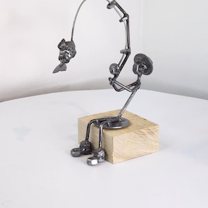 Metal Fishing figurine , Gone Fishing! Handmade welded artwork, scrap metal art