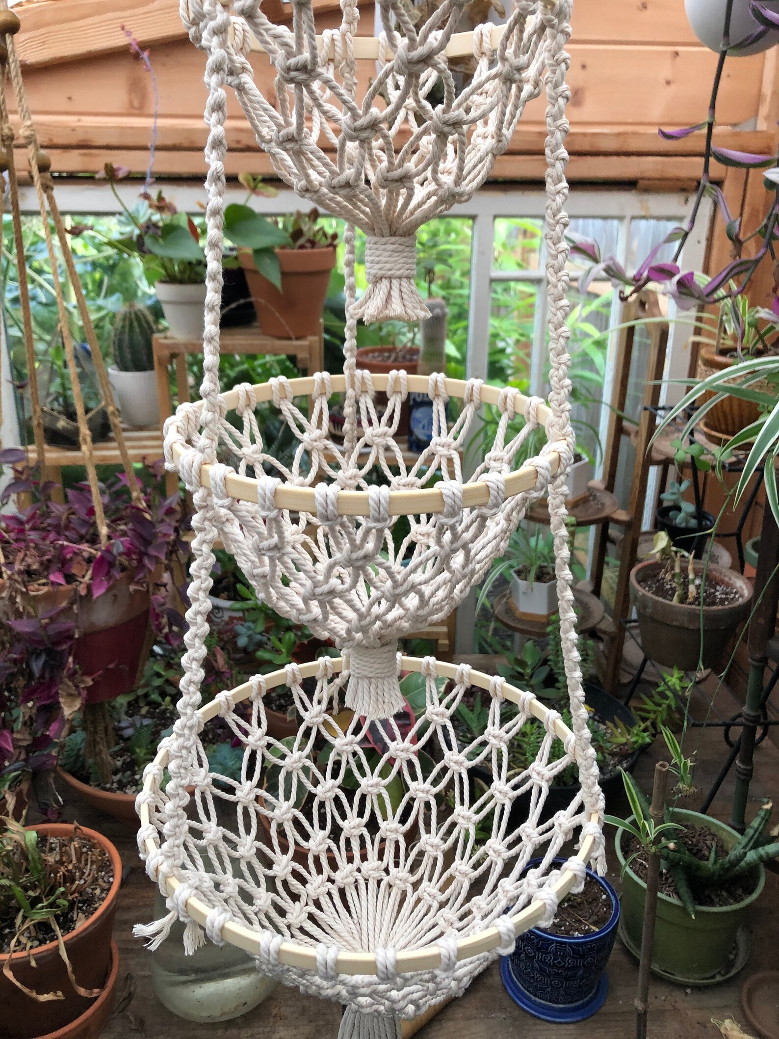 macrame hanging toy basket