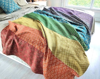 Rainbow Throw Blanket, Handmade Bedspread, Eclectic Bed Cover, Rainbow Bed Throw, Hippie Bedspread, Rainbow Blanket, Kids Bedroom Decor