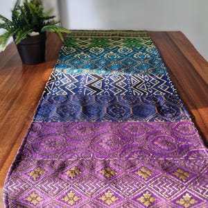 Handmade Rainbow Table Runner with Metallic Threads – Boho Dining & Altar Decor
