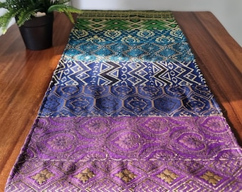 Custom Size Boho Chic Table Runner in Peacock Colors - Handmade Dining Room Centerpiece with Golden Accents & Vibrant Cool Colors