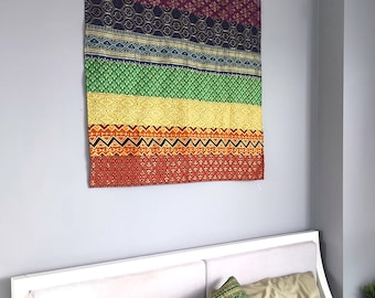Handmade Rainbow Wall Tapestry with Metallic Accents – Boho Home Decor, Yoga & Meditation Wall Hanging, Chiang Mai Textile Art