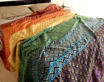 Boho Bedspread Queen & King Size, Rainbow Bed Throw – Colorful Patchwork Rainbow Bed Cover with Gold Accents for Eclectic Bedroom Decor