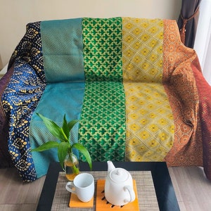 Rainbow Bed Throw with Golden Metallic Accents, Sofa Cover, Rainbow Blanket, Multi Pattern Bed Spread, Hippie Tapestry, Kids Bedroom Decor
