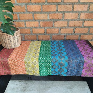 Handmade Rainbow Tablecloth with Golden Accents, Eclectic Table Decor, Hippie Coffee Table Cover, Chakra Altar Decoration, Boho Tablecloth