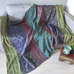 Metallic Golden Accent Throw Blanket: Purple Blue Green Geometric Bedspread