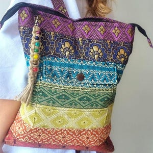 Handmade Rainbow Patchwork Backpack: Boho Hippie Daypack with Chakra Keychain