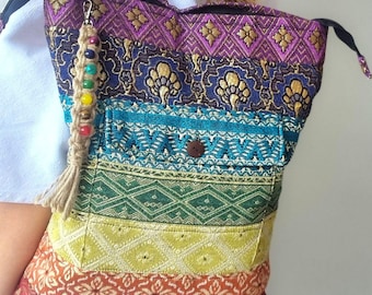 Handmade Rainbow Patchwork Backpack: Boho Hippie Daypack with Chakra Keychain