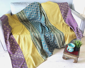 Purple Teal Yellow Elegant Bed Throw Blanket with Golden Accents, Cozy Nook Decor, Geometric Design Bedspread, Large Multi Pattern Tapestry