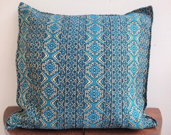 Teal Cushion Cover with Golden Metallic Glow, Teal Cushion Case, Teal Throw Pillow, Turquoise Cushion Boho Throw Pillow, 18" Hippie Cushion