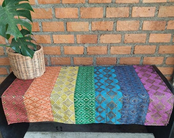 Handmade Rainbow Tablecloth: Golden Accents, Eclectic Boho Decor