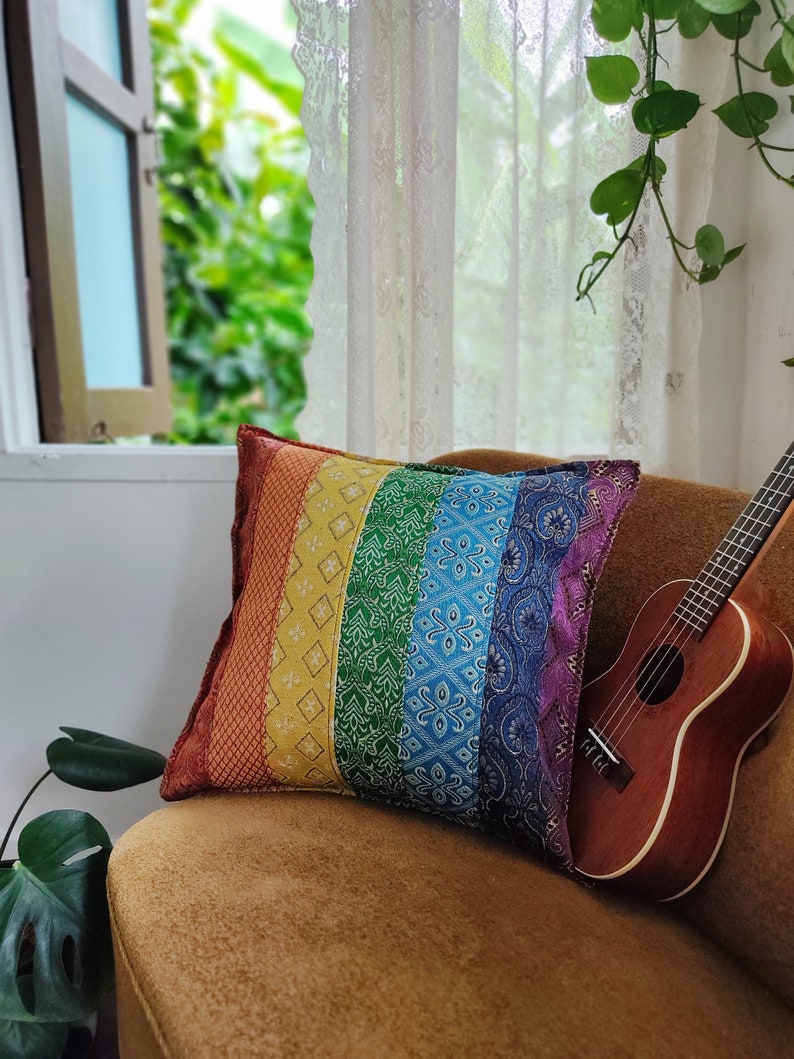 Rainbow Cushion Cover with Golden Glow, Seven Chakras Décor, Rainbow Throw Pillow, LGBTQ Gift, Rainbow Decor, Hippie Boho Cushion Cover image 2