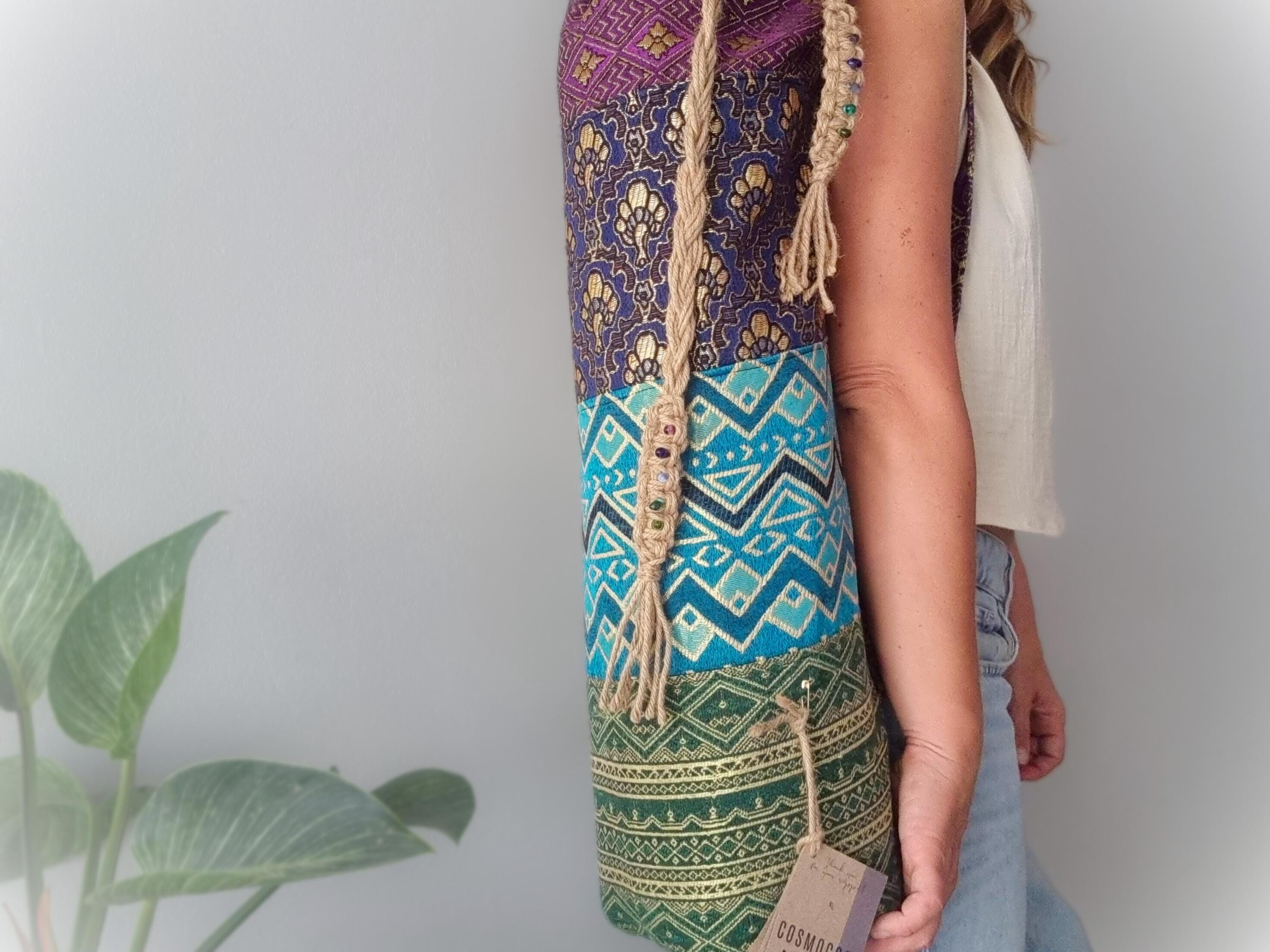 Patchwork Yoga Mat Bag: Handmade Boho Aquamarine with Golden Accents