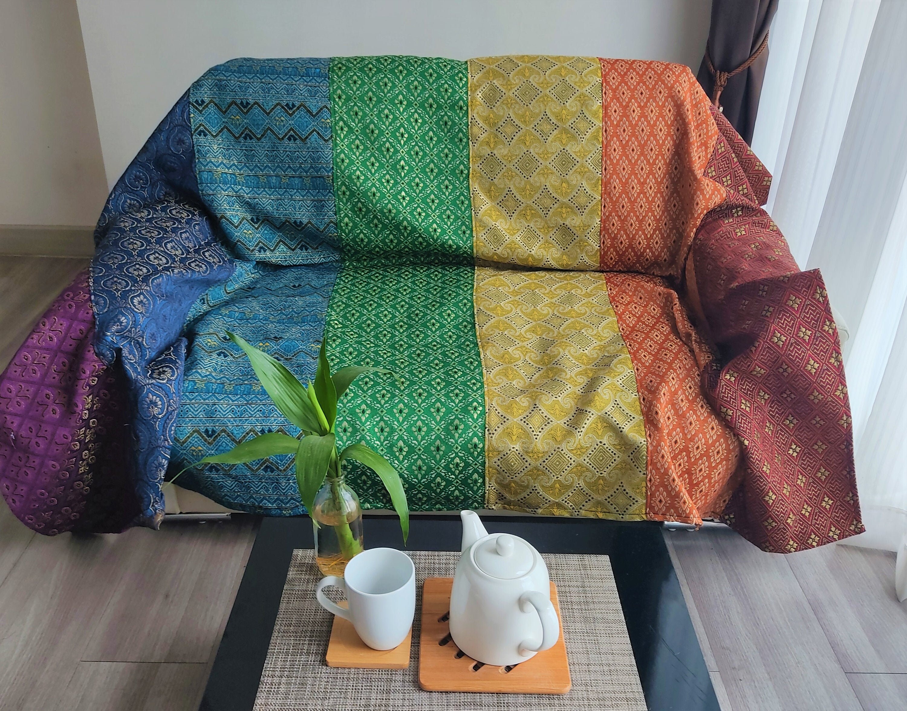 Handmade Patchwork Rainbow Multi Color Bed Throw Hippie Etsy