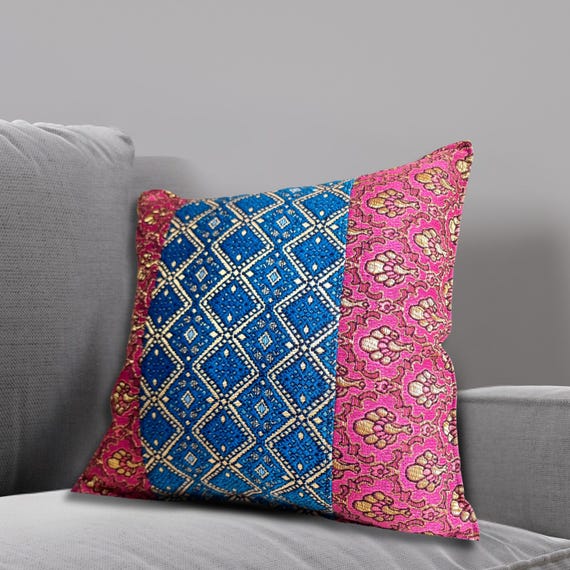 Eclectic Pink & Blue Cushion Cover, Vibrant Boho Pillowcase with Golden Accents, Envelope Style, 16" 18" 20", Pink Hippie Throw Pillow Cover