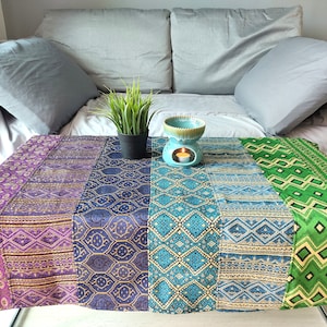 Handmade Table Cloth, Coffee Table Topper + Golden Accents, Hippie Tablecloth, Eclectic Decor, Multicolor Woven Tablecloth, Boho Table Decor