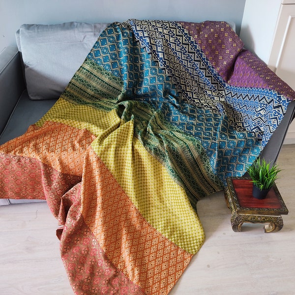 Rainbow Throw Blanket with Golden Metallic Threads, Multi Color Bedspread, Ceremonial Blanket, Hippie Throw, Coming Out Gift, Reiki Blanket