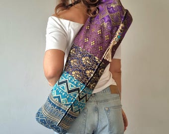 Handcrafted Purple Blue Yoga Bag: Golden Accents, Gemstone Keychain