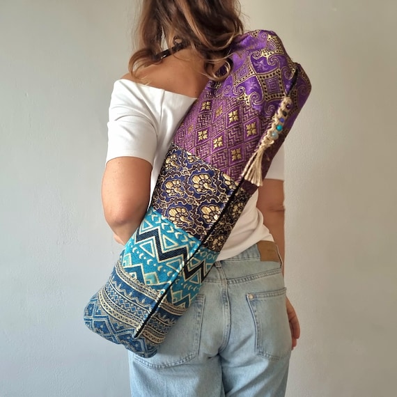 Handcrafted Purple Blue Yoga Bag: Golden Accents, Gemstone Keychain