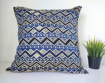 Vibrant Dark Blue Geometric Pattern Cushion Cover, Square 18x18 inch Navy Blue Throw Pillow, Elegant Blue Pop Up Cushion, Living Room Decor