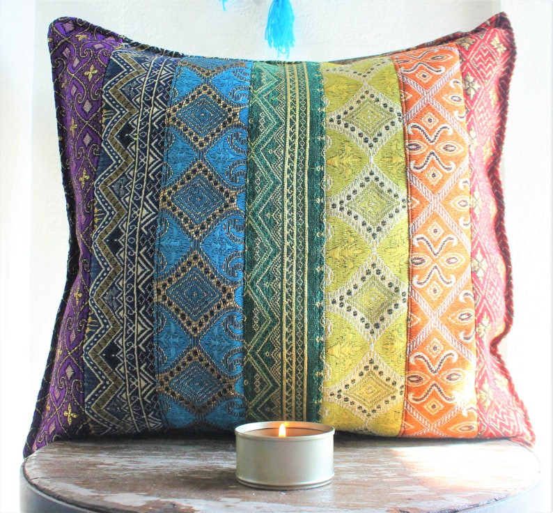Rainbow Cushion Cover with Golden Glow, Seven Chakras Décor, Rainbow Throw Pillow, LGBTQ Gift, Rainbow Decor, Hippie Boho Cushion Cover image 4
