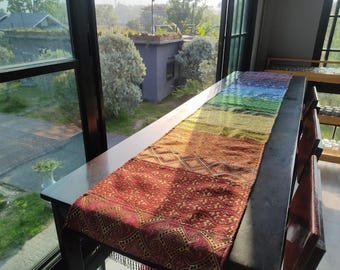 Handmade Rainbow Table Runner with Golden Accents, Colorful Boho Table Cover, Table Centerpiece, Eclectic Table Runner, Rainbow Table Topper