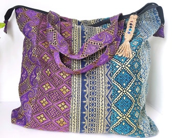 Große handgefertigte Schultertasche mit goldenem Glanz, Lila Blaue Shopper, Einkaufstasche, Patchwork Tasche, Hippie Festival Tasche, Aquamarin Strandtasche