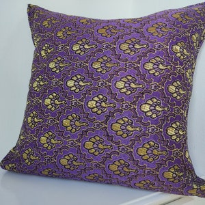 Purple Throw Pillow, 18x18 Cushion Cover with Golden Shine, Handcrafted Luxury Home Decor, Elegant Purple Cushion Cover, Reading Nook Decor