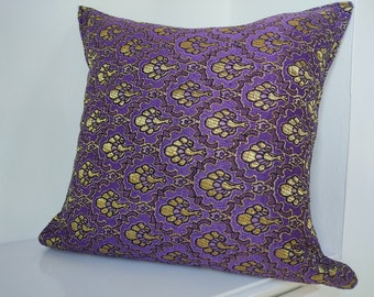 Purple Throw Pillow, 18x18 Cushion Cover with Golden Shine, Handcrafted Luxury Home Decor, Elegant Purple Cushion Cover, Reading Nook Decor
