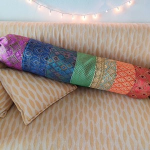 Rainbow Bolster Pillow Cover: Handmade Patchwork with Golden Thread