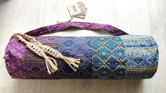 Yoga Mat Bag with Golden Metallic Shine | Hippie Yoga Tote | Boho Yoga Bag | Purple and Blue Yoga Bag | Multi Pattern Bag | Yoga Lover Gift