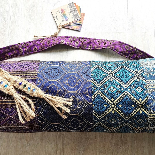 Sac pour tapis de yoga avec brillance métallique dorée | Fourre-tout de yoga hippie | Sac de yoga bohème | Sac de yoga violet et bleu | Sac à motifs multiples | Cadeau pour amateur de yoga