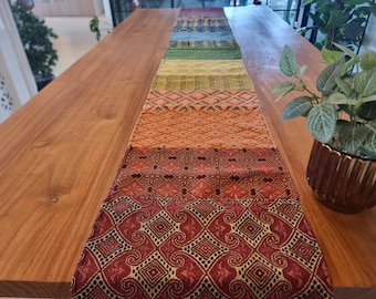Patchwork Table Runner with Golden Accents, Woven Table Cover, Rainbow Tablecloth, Boho Table Runner, Dresser Scarf, Table Centerpiece