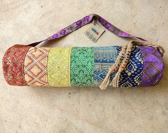 Rainbow Yoga Bag with Golden Accents, Handmade Patchwork, 7 Chakras Yoga Bag, Colorful Yoga Mat Cover, Gift for Yogi, LGBTQ, Yoga Lover Gift