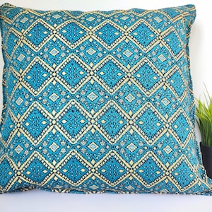 Teal Cushion Cover with Geometric Pattern and Silver Threads, Teal Hippie Cushion Case, Blue Pop Up Cushion, 18 inch Boho Throw Pillow