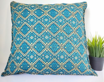 Teal Geometric Cushion Cover with Silver Threads: Boho Throw Pillow (18 inch)