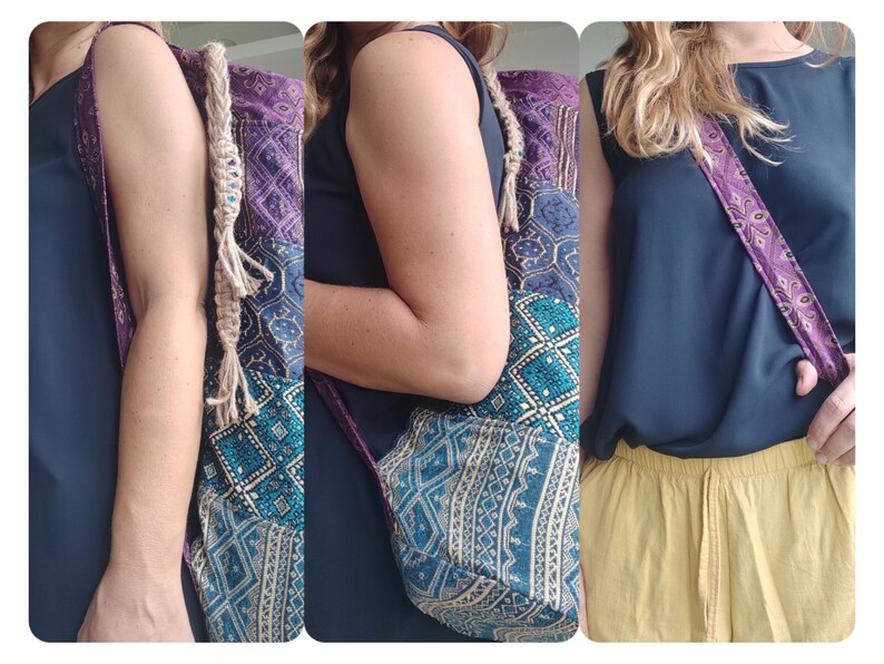 May include: A multi-coloured patchwork tote bag with a long, knotted strap. The bag is made of different fabrics with geometric patterns in shades of blue, purple, and gold.