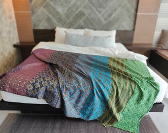 Handmade Patchwork, Aquamarine Bed Throw, Hippie Bedspread, Sofa Cover, Jewel Tones Blanket, Purple Blue Green Hippie Blanket, Boho Decor
